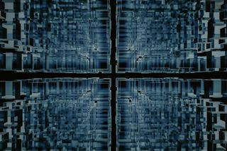 Monochrome 3D render with a geometric cross motif